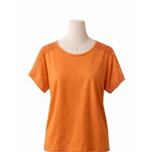 Womens Size L Crew Neck Orange Short Sleeve Top EUC Summer Casual Eyelet Vacay